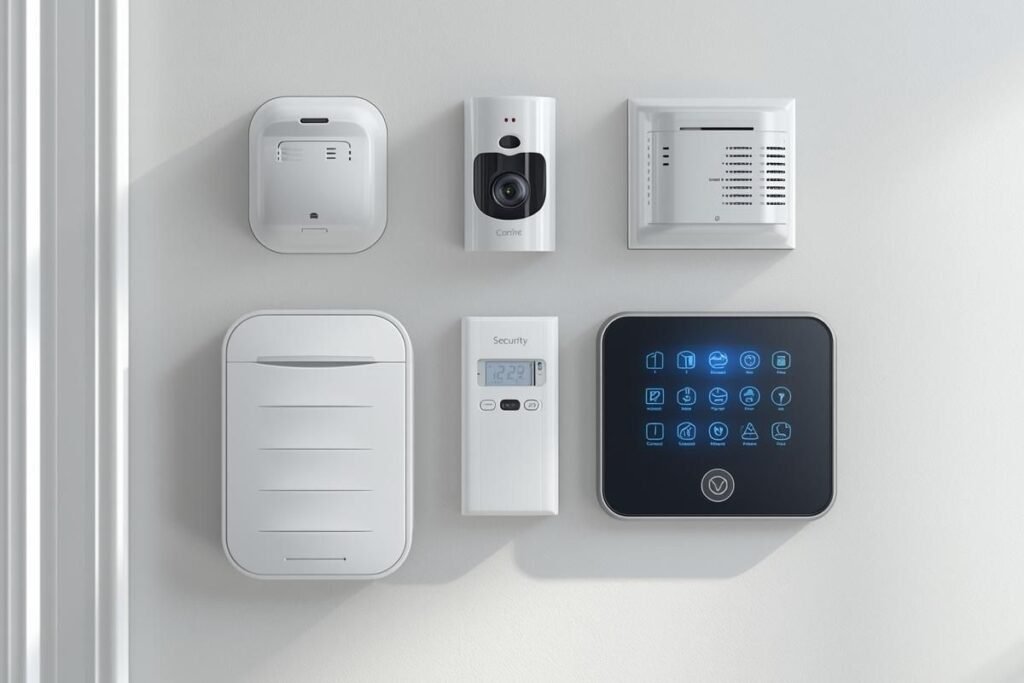 Sistema de alarme residencial moderno instalado em parede branca, com sensores e central de controle iluminados.