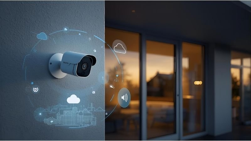 Câmera Wi-Fi moderna instalada em parede, configurada com alertas de movimento e gravação na nuvem em uma casa contemporânea.