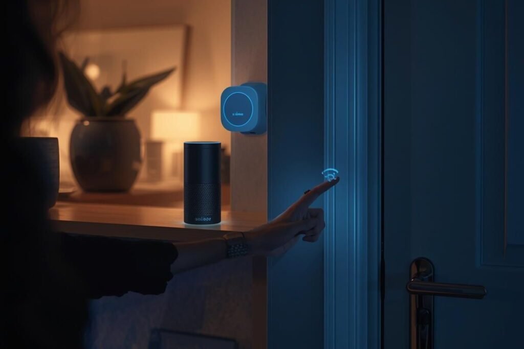 Pessoa em casa moderna controlando câmeras e fechadura com comando de voz pela Alexa, representando automação residencial inteligente.