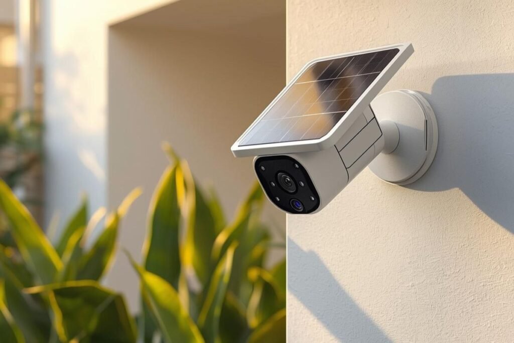 Câmera de segurança solar moderna instalada em parede externa, com painel voltado para o sol e casa contemporânea ao fundo.