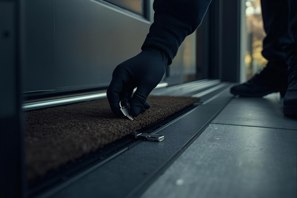 Mão de ladrão levantando o capacho e retirando uma chave reserva escondida na entrada de uma casa.